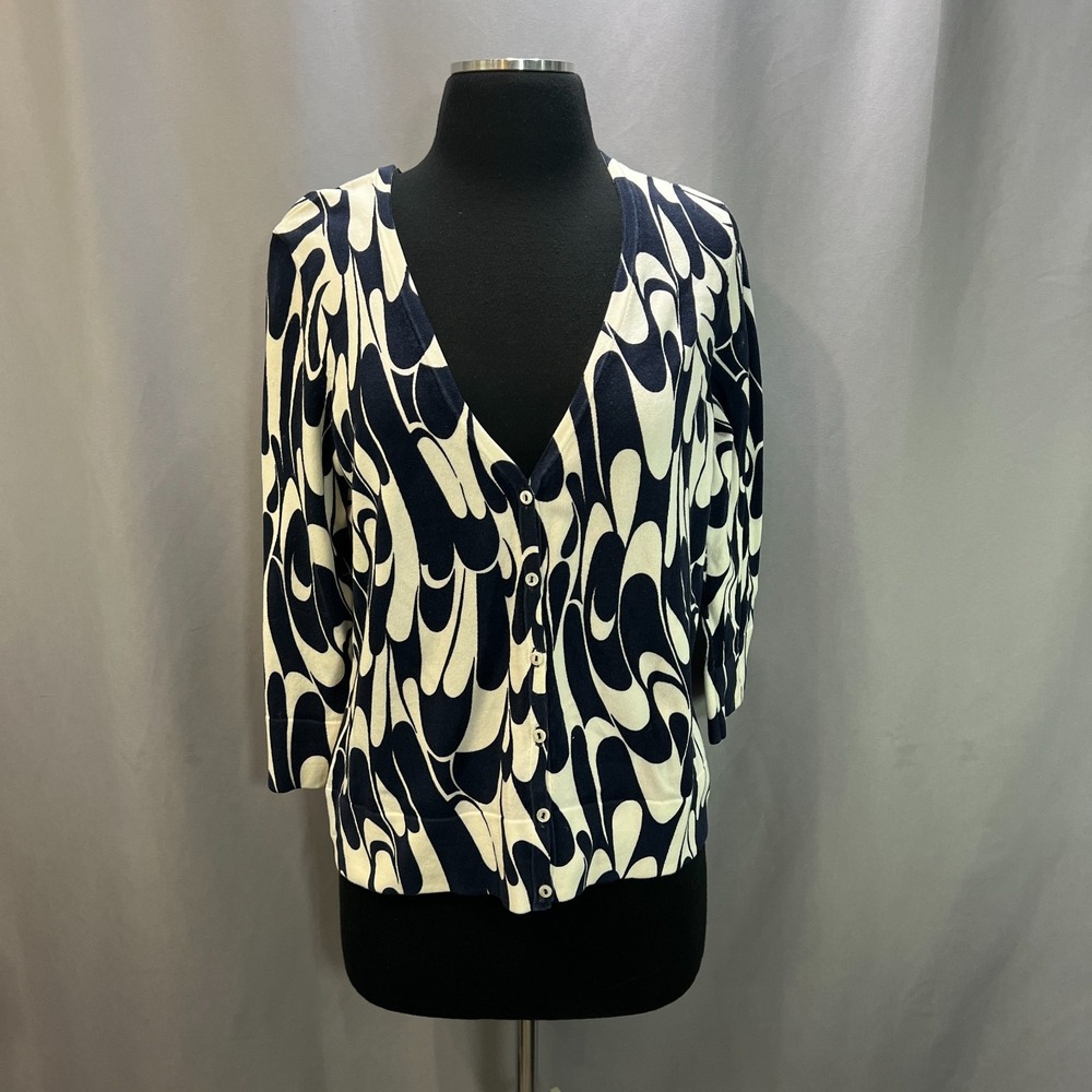 Ann Taylor Cardigan Sweater Women Large White Navy Geometric Print V Neck Winter